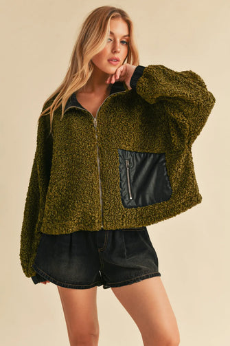 Aemi + Co Collared Neck Zip Up Sherpa Jacket Olive Woman Outerwear