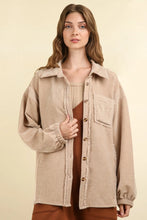 VERY J Mixed Media Button Down Raw Hem Shacket Taupe