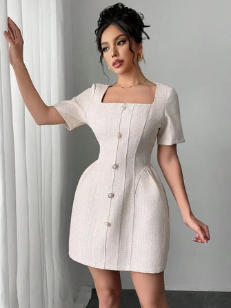 Square Neck Short Sleeve Mini Dress Eggshell Casual Dresses