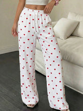 White wide-leg pants with red heart print drawstring waist heart print embroidery on cotton fabric