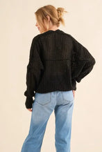 Black chunky knit bolero cardigan with textured pattern and long sleeves