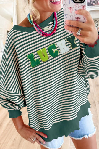 LUCKY Striped Round Neck Long Sleeve Sweatshirt Dark Green