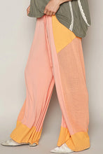 Pol drawstring wide pants in pastel pink and peach with textured knit panel and yellow ankle accents