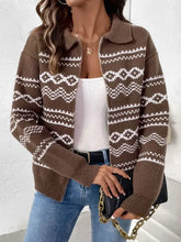 Perfee Geometric Zip Up Collared Neck Long Sleeve Cardigan Coffee Brown Casual Dresses