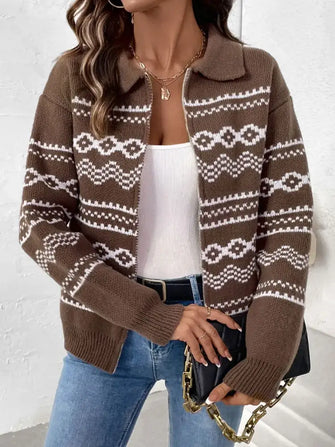 Perfee Geometric Zip Up Collared Neck Long Sleeve Cardigan Coffee Brown Casual Dresses