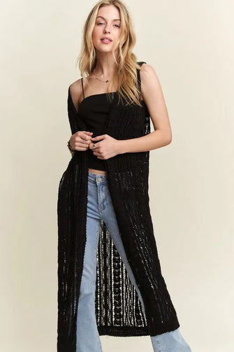ADORA Button Down Crochet Long Cardigan BLACK