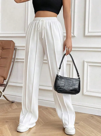 Drawstring Elastic Waist Pants with Pockets White