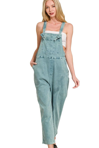 Zenana Washed Knot Strap Relaxed Fit Overalls TEAL
