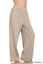 Ash mocha wide-leg double gauze elastic band pants with textured lightweight fabric and side pockets by zenana