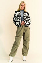 Davi & Dani Full Size Two Tone Flower Square Crochet Open Front Cardigan WHITE BLACK Woman Outerwear