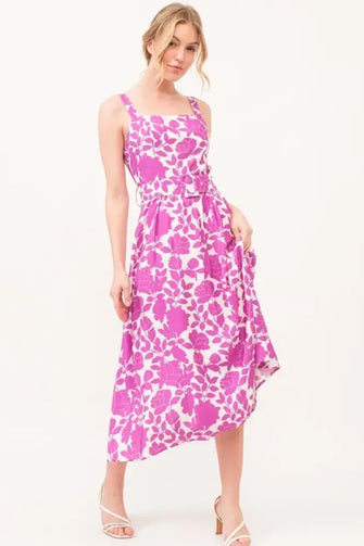 And The Why Square Neck Belted Floral Printed Midi Dress Magenta Casual Dresses