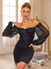Pearl Trim Sweetheart Neck Long Sleeve Mini Dress Cocktail Dress