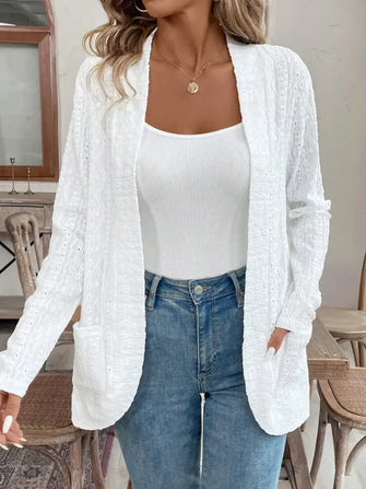 Pocketed Eyelet Open Front Cover Up White Woman Outerwear