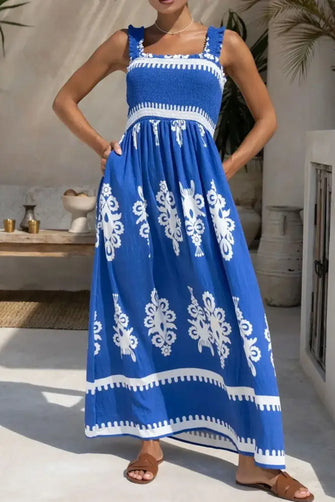 Printed Square Neck Cami Dress Blue Casual Dresses