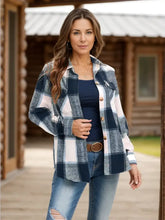 Full Size Pocketed Plaid Collared Neck Shacket Woman Outerwear
