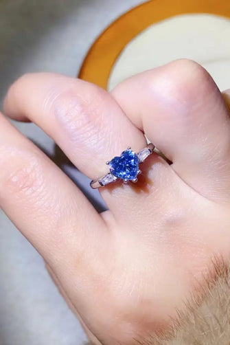 1 Carat Moissanite Heart-Shaped Platinum-Plated Ring in Blue Blue Rings