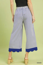 Umgee stripe scallop hem wide leg pants in blue and white vertical stripes with a scallop hem detail