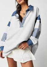 Color Block Johnny Collar Long Sleeve Sweatshirt Peacock Blue Woman Sweatshirts