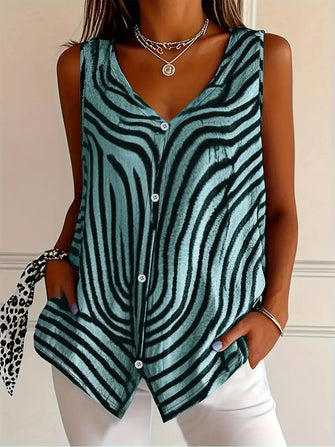 Sleeveless Zebra Print Button-Up Tank Top Blue