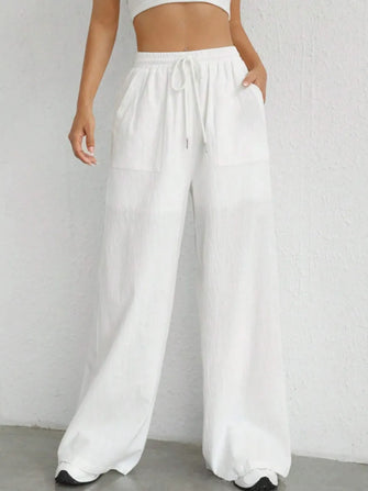 Drawstring Wide Leg Pants White