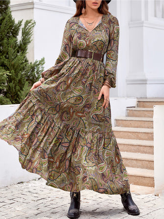 Printed Tie Neck Ruffle Hem Long Sleeve Dress Multicolor