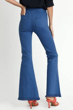 Blue denim umgee wide flare leg stretch pants with elastic waistband and frayed hem plus size
