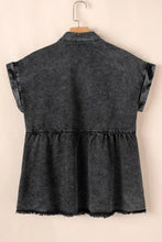 Short Sleeve Flap Pocket Button Up Raw Hem Denim Shirt Woman Denim Tops