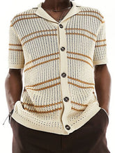 Men's Striped Collared Neck Hollow Out Shirt Khaki
