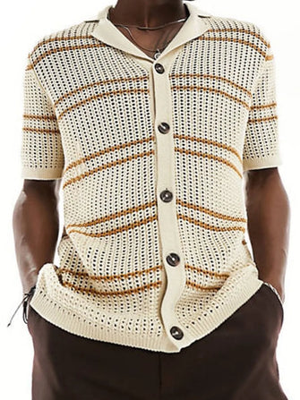 Men's Striped Collared Neck Hollow Out Shirt Khaki