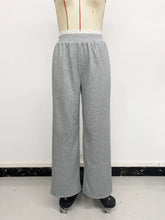 Gray heathered wide leg casual pants with lace trim at the waistband for comfortable everyday wear