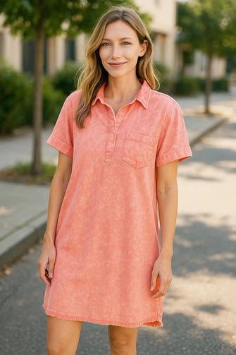 Zenana Tencel Mineral Washed Collared Shirts Dress CORAL