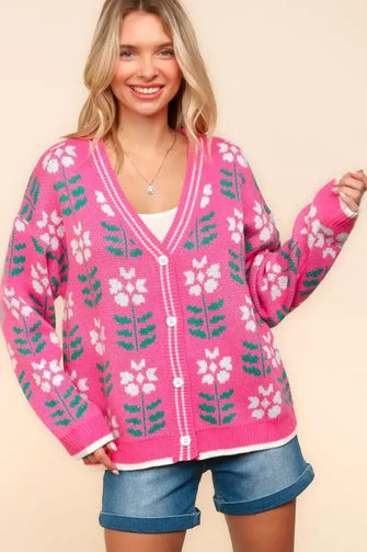 Haptics Full Size Floral Jacquard V-Neck Button Up Cardigan Hot Pink Woman Outerwear