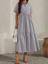 Striped Collared Neck Short Sleeve Dress Gray