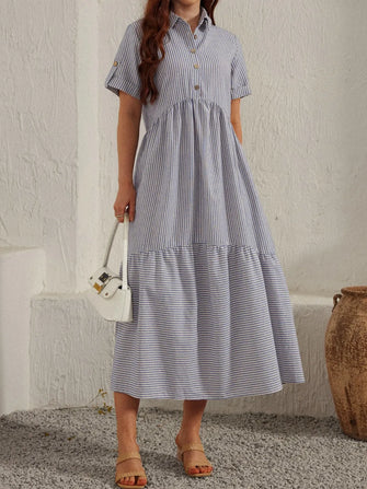 Striped Collared Neck Short Sleeve Dress Gray