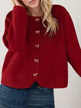Bow Button Down Round Neck Long Sleeve Cardigan Woman Outerwear