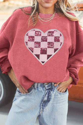 Valentine’s Day Sequin Checkered Heart Long Sleeve Sweatshirt Strawberry