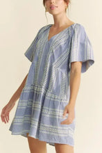 Davi & Dani Embroidered Stripe Ruffled Gingham Mini Dress Navy Blue Casual Dresses