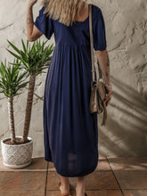 V Neck Buttoned Front Shirred Back Short Sleeve Midi Dress
