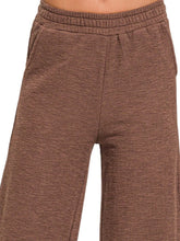 Brown heathered zenana cotton slub wide leg pants with elastic waistband and side pockets for comfortable wear