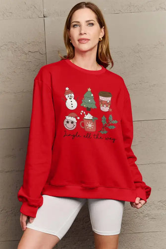 Simply Love Full Size JINGLE ALL THE WAY Long Sleeve Sweatshirt Deep Red Woman Sweatshirts