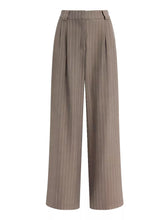 Beige striped wide leg pants with high waist pleated front designed for a stylish and comfortable fit