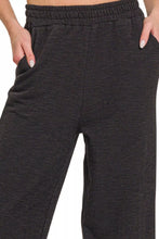 Black heathered zenana cotton slub wide leg pants with elastic waistband and side pockets for comfortable wear