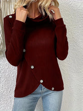 Decorative Button Turtleneck Long Sleeve T-Shirt Burgundy