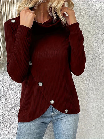 Decorative Button Turtleneck Long Sleeve T-Shirt Burgundy