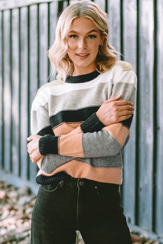 Striped Round Neck Long Sleeve Sweater Black Sweater Pullovers