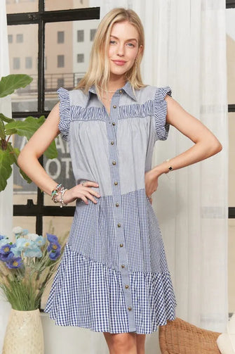 ADORA Button Down Textured Babydoll Dress BLUE