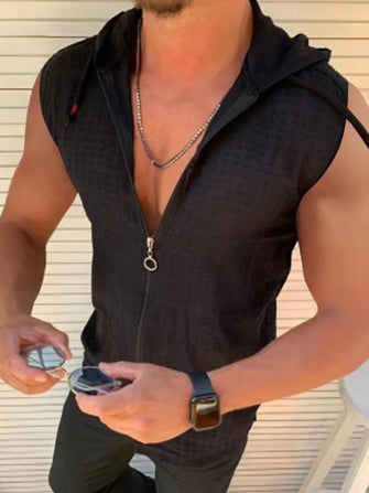 Men's Full Size Zip Up Sleeveless Hooded Top Plus Size Black