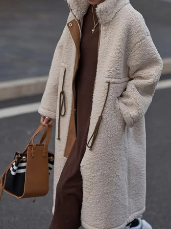 Plus Size Drawstring Zip Up Turtleneck Sherpa Coat Beige Woman Outerwear