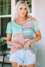 Patchwork Round Neck Cold Shoulder T-Shirt Neon Green