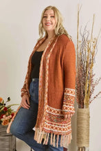 Rust Aztec border cardigan with fringe hem for women